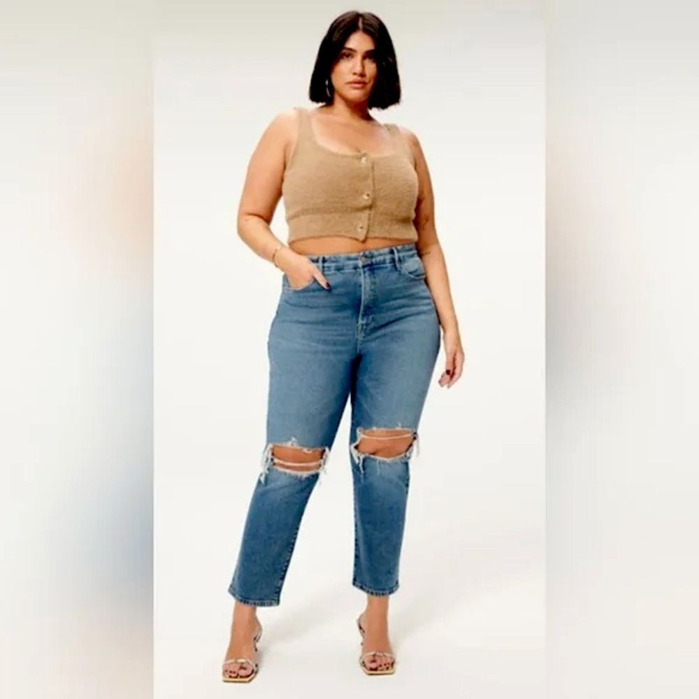 Good American Straight Leg Distressed Blue Jeans